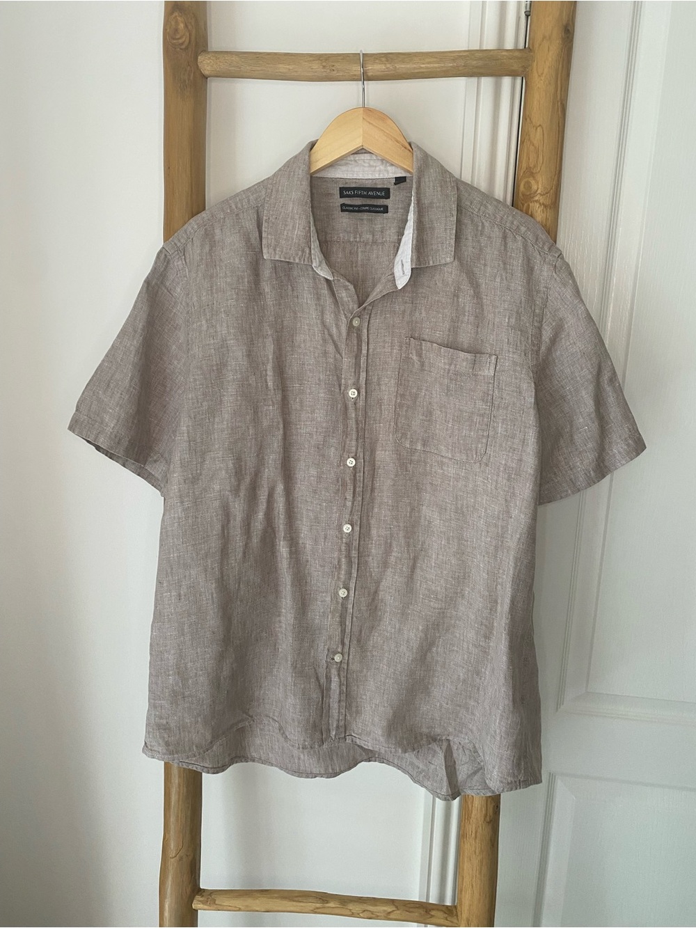 Saks Fifth Avenue Shirt Mens XXL Beige 100% Linen Classic Fit Breezy Airy Light